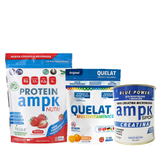 Pack Ampk Protein Frutilla + Creatina Ampk Sport 150gr Masa Muscular + Quelat Multivitaminico 