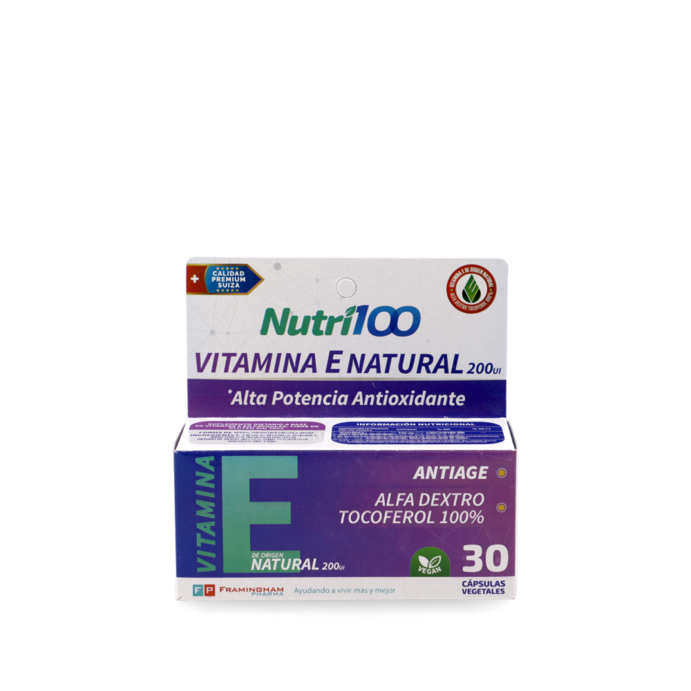Nutri100 Vitamina E Natural Vegetal. Suiza 30 Caps